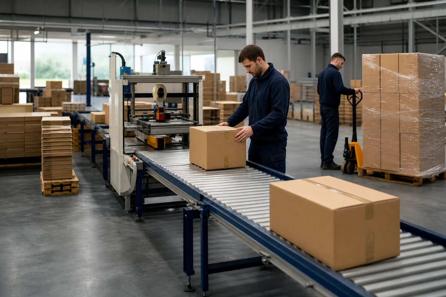 Contract packed cases moving through final packing and pallet preparation
