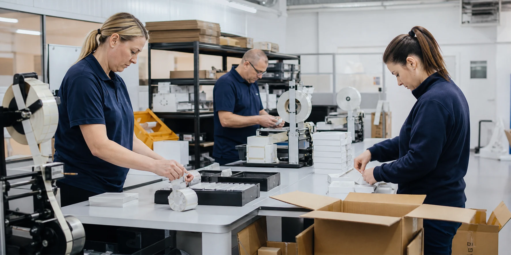 Production team carrying out relabelling and packaging rework
